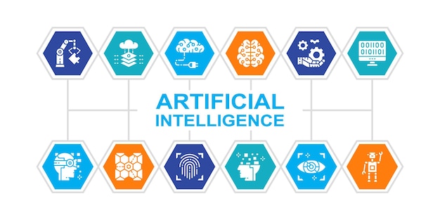Iconos de línea de inteligencia artificial banner web Robótica Chatbot Database ilustración infográfica