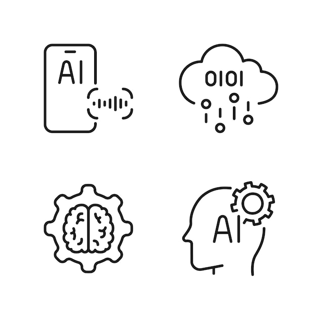 Iconos de línea de inteligencia artificial configurados con asistente de voz máquina nube de mente trazo editable