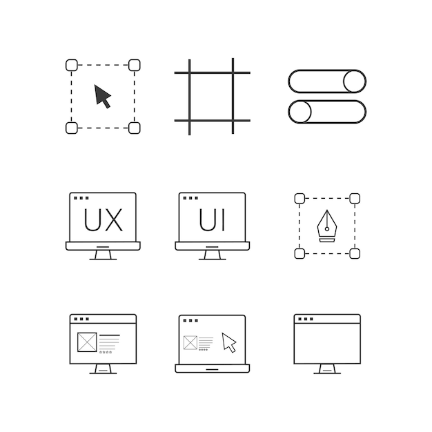 Los íconos de línea de la interfaz de usuario de la UX son símbolos de diseño de la interfase de usuario.