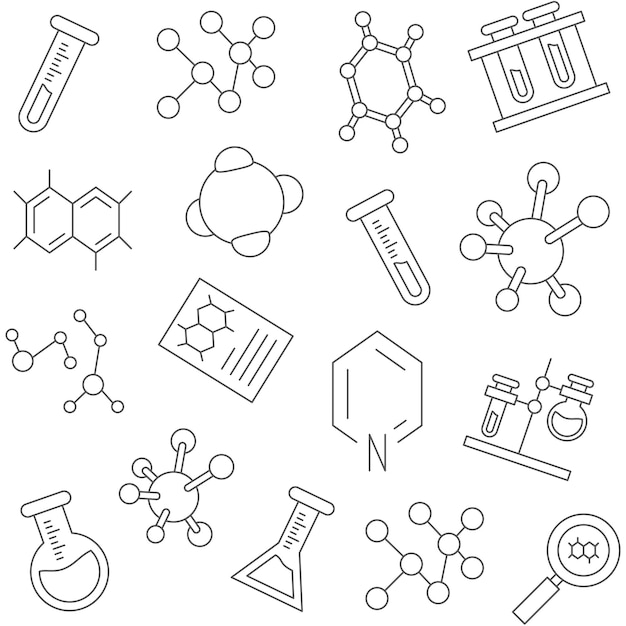 Iconos de línea de laboratorio de biología aislados en fondo blanco Aprenda símbolos químicos medicina génica telón de fondo símbolos de biotecnología Investigación de laboratorio Textura sin costuras vectorial