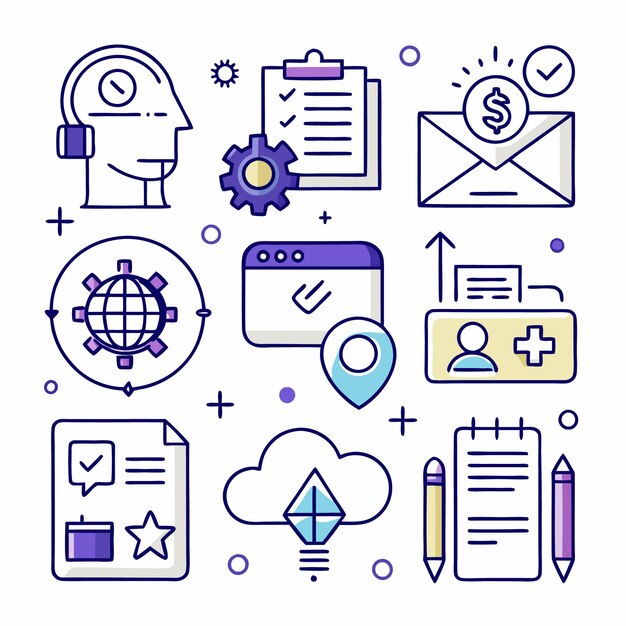 Iconos de línea de una lista de comprobación una persona con auriculares una red global un sobre con un signo de dólar un navegador con una marca de comprobación un archivo con una marca De comprobación una nube con un diamante y un bloc de notas con lápices