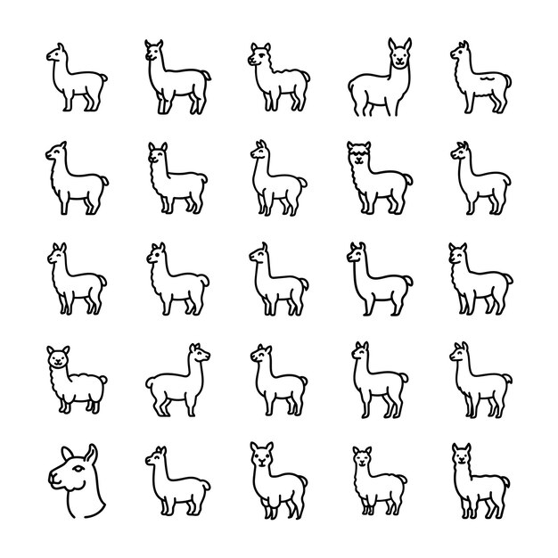 Iconos de la línea de llama y alpaca