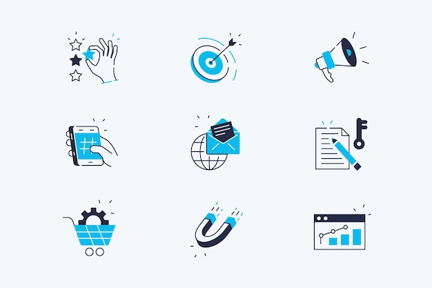 Los iconos de la línea de marketing establecen la ilustración vectorial La composición consiste en un anuncio de destino de retroalimentación positiva ventas de correo electrónico global palabras clave atracción concepto de estilo plano aislado en blanco