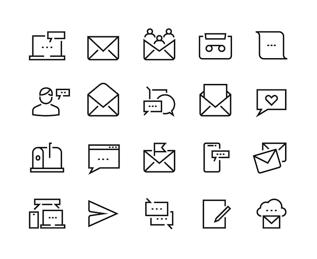 Iconos de línea de mensaje. Comunicación por correo electrónico y texto, mensaje telefónico y notificación en línea. Conjunto de iconos de conversación móvil de vector para recibir boletines o mensajes de correo