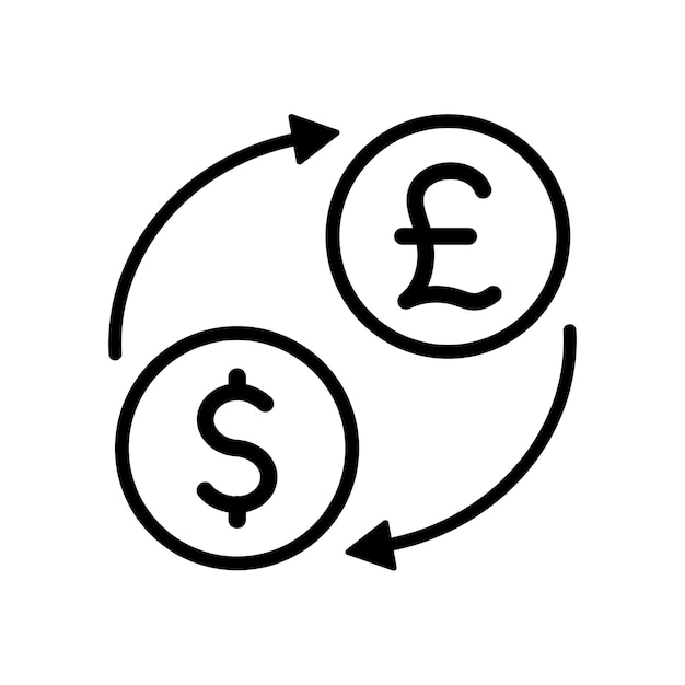 Iconos de línea negra de cambio de moneda con flechas en estilo plano dólar libra transferir ilustración vectorial sobre fondo blanco concepto de mercado financiero