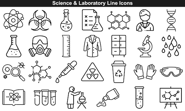 Iconos de línea negra de ciencia y laboratorio Conjunto de ilustraciones para química y biología