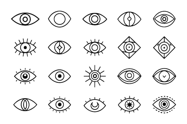 Iconos de línea negra minimalista relacionados con ojos monocromáticos aislados sobre fondo blanco