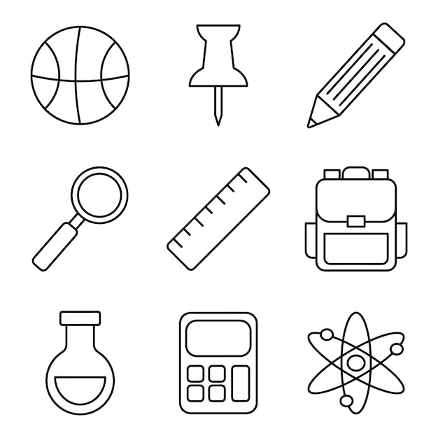 iconos de línea negra de objetos de útiles escolares como conjunto de iconos de calculadora de lupa, regla de mochila