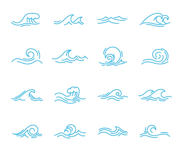 Iconos de línea de onda mar y océano signo de agua ondulada