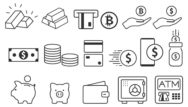 Iconos de línea de pago y dinero Conjunto de iconos de dólar y efectivo Ilustración vectorial