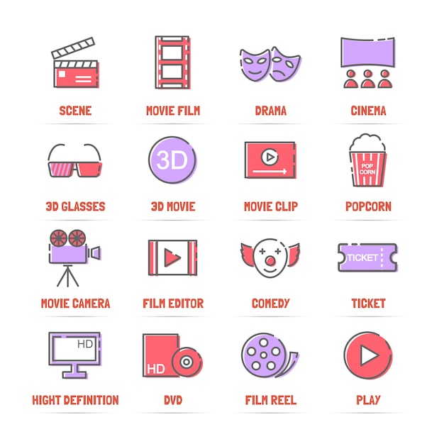 iconos de línea de película con colores planos