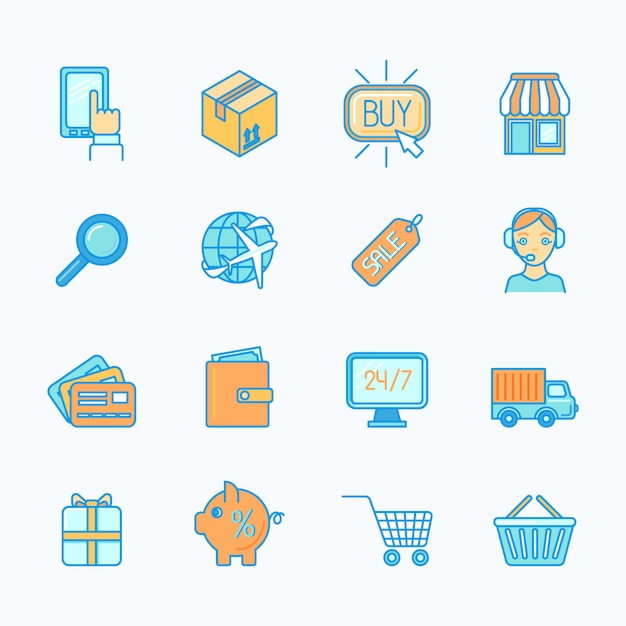 Los iconos de línea plana de comercio electrónico de Internet de compras en línea establecen ilustración vectorial aislado