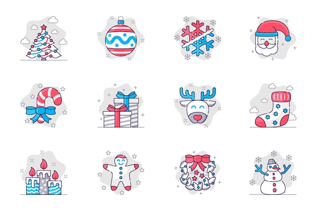 Los iconos de línea plana de concepto de Navidad establecen una decoración festiva de feliz año nuevo para aplicaciones móviles