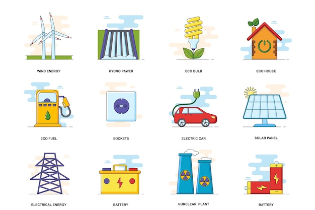 Iconos de línea plana de trazo de concepto web de energía ecológica conjunto aislado elementos de energía verde