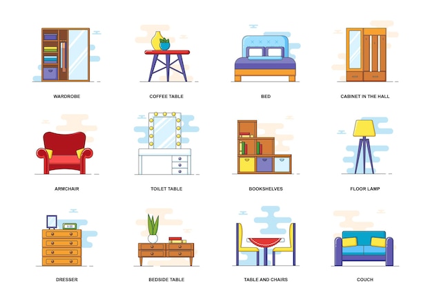 Iconos de línea plana de trazo de concepto web de muebles conjunto aislado Elementos de la habitación de la casa