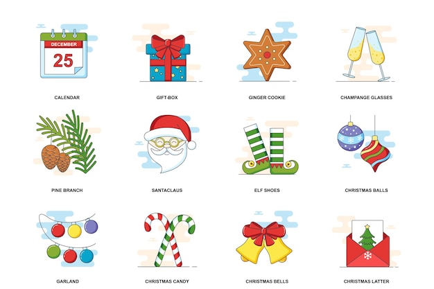 Iconos de línea plana de trazo de concepto web de Navidad aislados conjunto Feliz año nuevo vacaciones