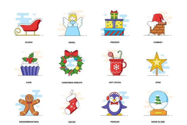 Iconos de línea plana de trazo de concepto web de Navidad aislados conjunto Feliz Navidad vacaciones