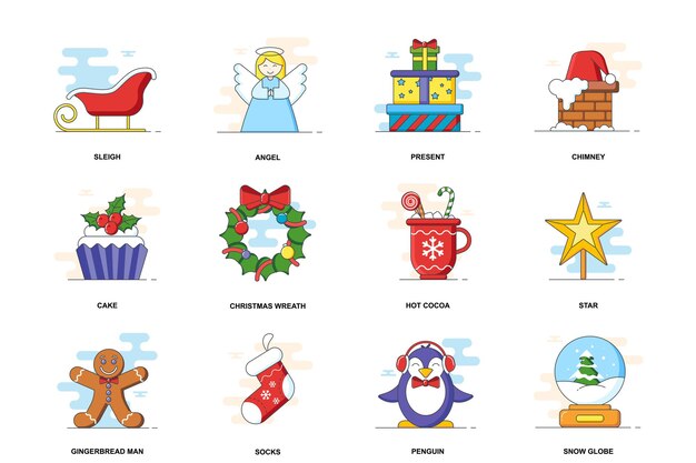 Iconos de línea plana de trazo de concepto web de navidad aislados conjunto feliz navidad vacaciones