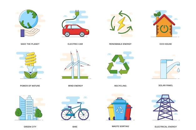 Los iconos de línea plana de trazo de concepto web de sostenibilidad ambiental aislado conjunto Eco