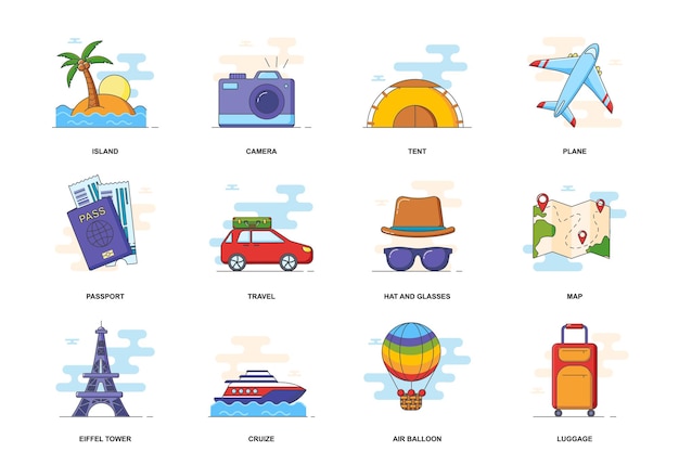 Iconos de línea plana de trazo de concepto web de viajes conjunto aislado artículos de vacaciones de turismo