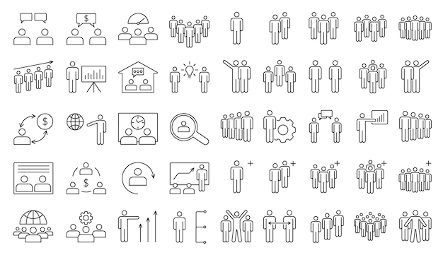 Iconos de línea que muestran el trabajo en equipo de negocios, comunicación y liderazgo, conceptos de recursos humanos y colaboración, metáforas visuales para conceptos corporativos, plataformas digitales, aplicaciones, interfaz de usuario web, ilustración vectorial.