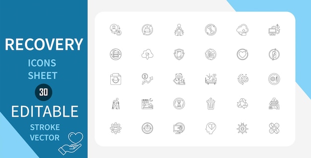 Iconos de línea de recuperación Establecen salud medicina curación restauración rehabilitación bienestar fitness