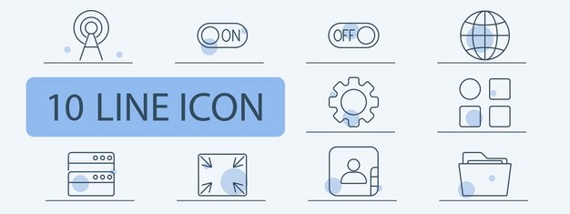 Iconos de línea de red y tecnología configurados Antena activada apagado interruptor interfaz de engranaje de globo servidor carpeta de usuario de pantalla completa concepto de sistema de comunicación de TI