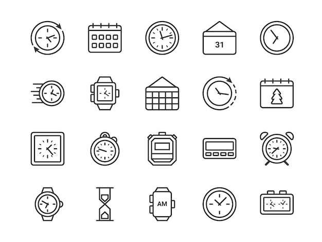 Iconos de línea de reloj Medición de tiempo Calendario de trazo delgado Rápido Medición de horas Tiempo de alarma Reloj de arena y cronómetro Relojo de muñeca Planificación de fecha límite y día Señales digitales vectoriales establecidos