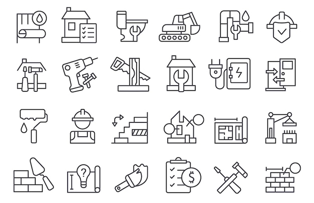 Iconos de línea de renovación Trabajo de seguridad Inmobiliario contratista reparación de edificios conceptos de renovación de casas herramientas de construcción servicio de mantenimiento trabajador seguro laboral Conjunto vectorial
