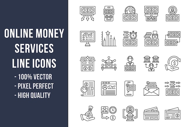 Iconos de línea de servicios de dinero en línea