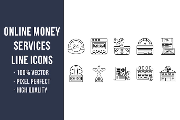 Iconos de línea de servicios de dinero en línea