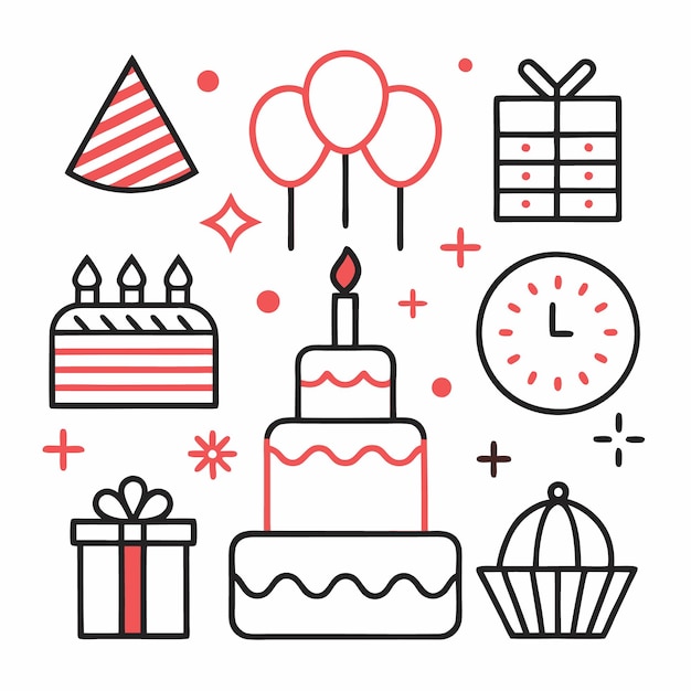 Iconos de línea simple celebrando un cumpleaños con regalos de pastel, globos y un sombrero de fiesta