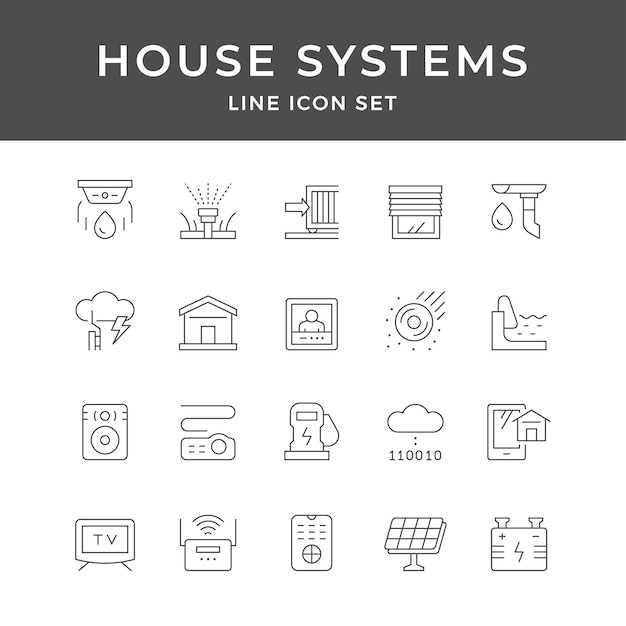 Iconos de la línea de sistemas domésticos inteligentes Conjunto de ilustraciones de tecnología de la casa moderna
