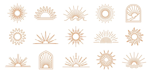 Iconos de línea de sol Geométrico boho sol minimalista lineal amanecer y puesta de sol contorno emblemas Bohemia rayo de sol elementos de emblema con rayos arco y formas de onda conjunto vectorial con rutas de trazo editable