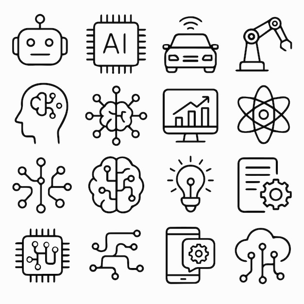 Iconos de línea de tecnología de inteligencia artificial Configuración de la red neural del chip de automatización del robot