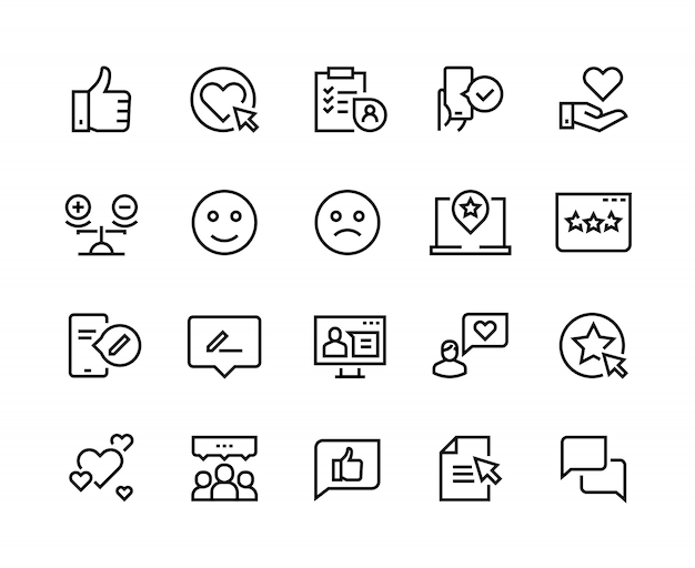 Iconos de línea de testimonios. Comentarios de clientes felices experiencia de servicio al cliente revisión positiva satisfacción. negocio de retroalimentación
