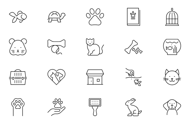 Iconos de la línea de tiendas de mascotas conjunto de perros, gatos, cachorros, animales, veterinarios, tiendas de animales de compañía, iconos web de líneas delgadas mínimas.