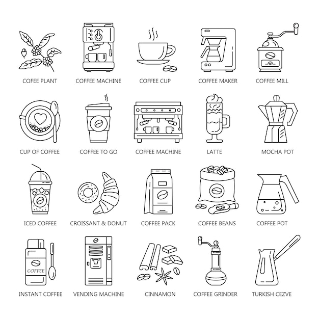 Iconos de línea de vector de equipo de cafetera