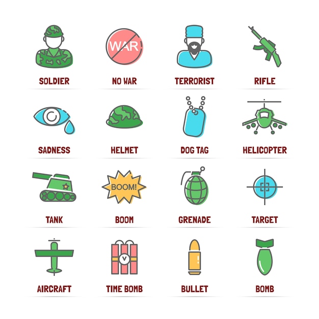 iconos de línea de vector de guerra con colores planos