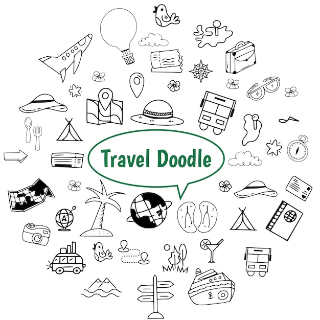 Los íconos de la línea de viaje son clipart vectorial, elementos dibujados a mano, plantilla de garabateo.