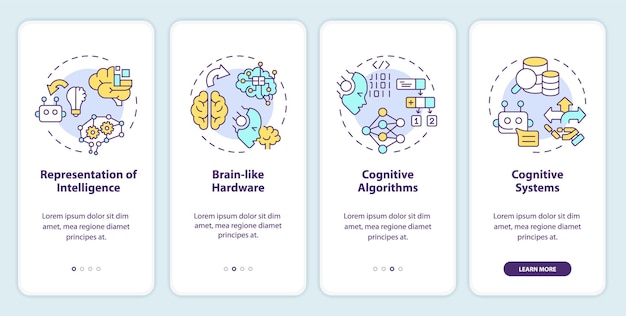 Iconos lineales 2D que representan la arquitectura del conjunto de pantallas de aplicaciones móviles de computación cognitiva