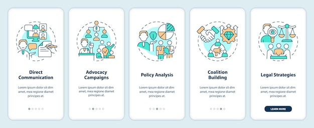 Íconos lineales 2D que representan cabildeo de la pantalla de la aplicación móvil del gobierno, conjunto de instrucciones gráficas de 5 pasos, plantilla UI UX GUI