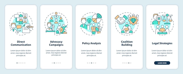 Íconos lineales 2d que representan cabildeo de la pantalla de la aplicación móvil del gobierno, conjunto de instrucciones gráficas de 5 pasos, plantilla ui ux gui