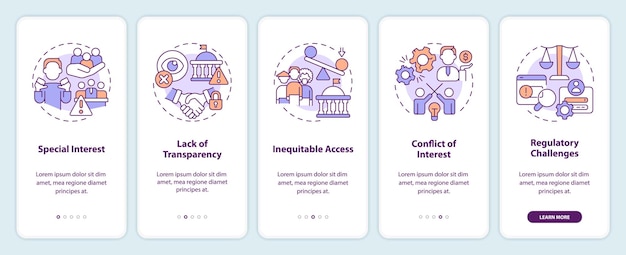 Íconos lineales 2D que representan cabildeo de la pantalla de la aplicación móvil del gobierno, conjunto de instrucciones gráficas de 5 pasos, plantilla UI UX GUI