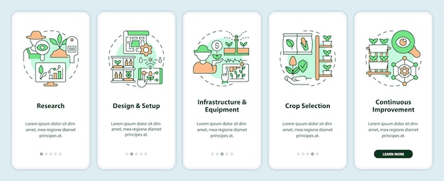 Iconos lineales 2D que representan la pantalla de la aplicación móvil de agricultura vertical configuran instrucciones gráficas de 5 pasos Plantilla UI UX GUI