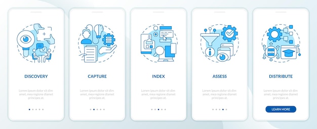 Iconos lineales 2d que representan la pantalla de la aplicación móvil de gestión del conocimiento, conjunto de instrucciones gráficas de 5 pasos plantilla ui ux gui