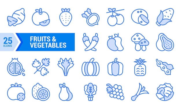 Iconos lineales azules de 25 frutas y verduras