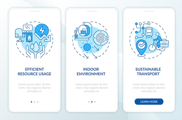 Iconos lineales azules 2D que representan la pantalla de la aplicación móvil de oficina sostenible conjunto de instrucciones gráficas de 3 pasos Plantilla UI UX GUI
