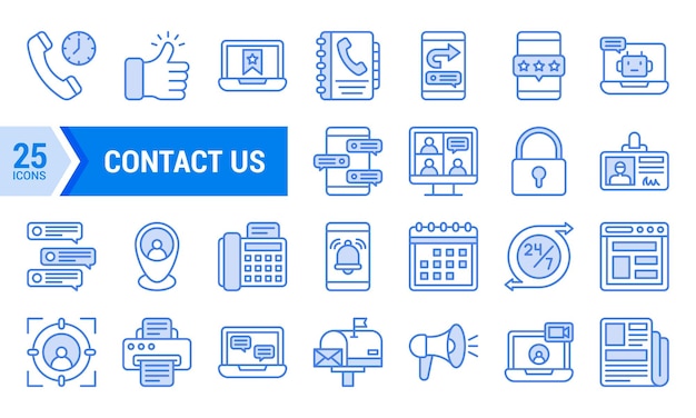 Iconos lineales azules de contacto con nosotros establecidos para sitios web y aplicaciones