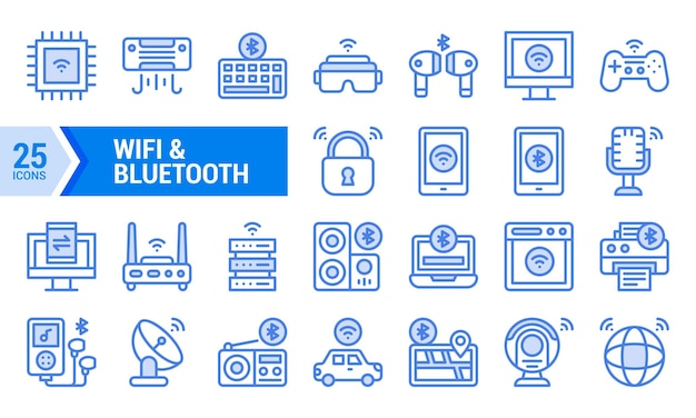 Iconos lineales azules para dispositivos WiFi y Bluetooth